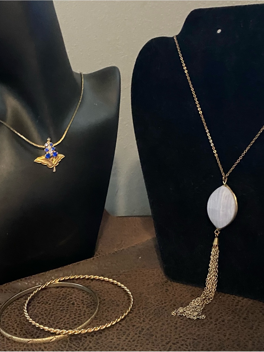 Gold Leaf Pendant Necklace with Blue Crystal Accents & blue agate tassel pendant